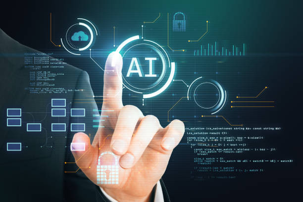 istock A person interacting with a futuristic AI interface, double exposure of code on a dark background, concept of technology 2158117331