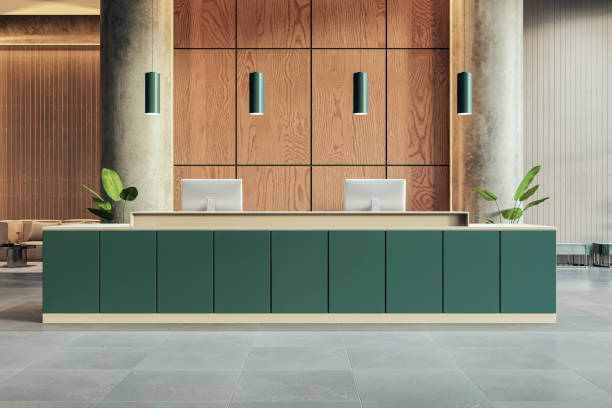 A modern reception desk in an office interior with wooden wall panels and a concrete column, light design concept. 3D Rendering