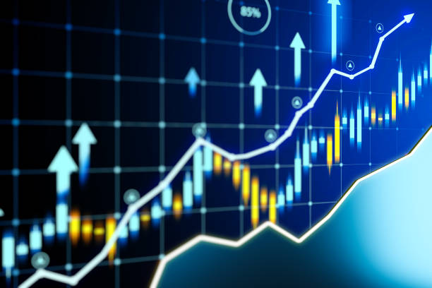 istock Abstract financial chart with uptrend line graph and arrows on a dark blue background, concept of growth and success. 3D Rendering 2158117370