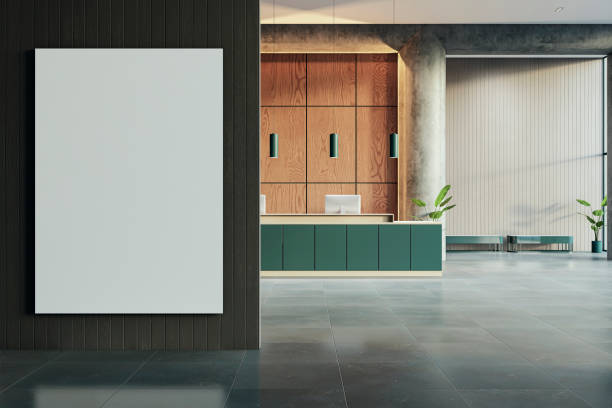 Blank vertical banner in a modern office interior with wooden elements on a wall, concept of advertising. 3D Rendering