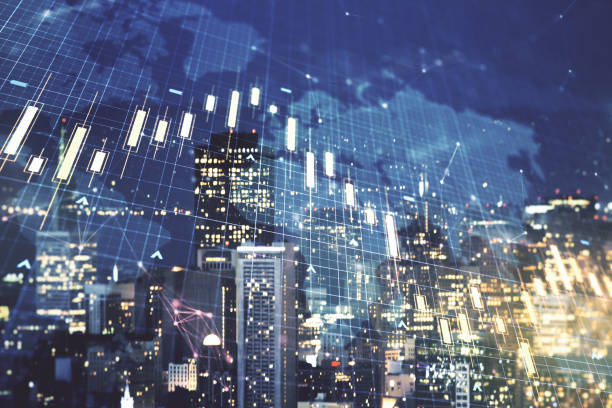 istock Multi exposure of virtual abstract financial chart hologram and world map on San Francisco skyscrapers background, research and analytics concept 2158117487