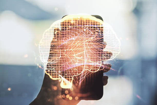 istock Creative artificial Intelligence concept with human brain sketch and hand with mobile phone on background. Double exposure 2158117500