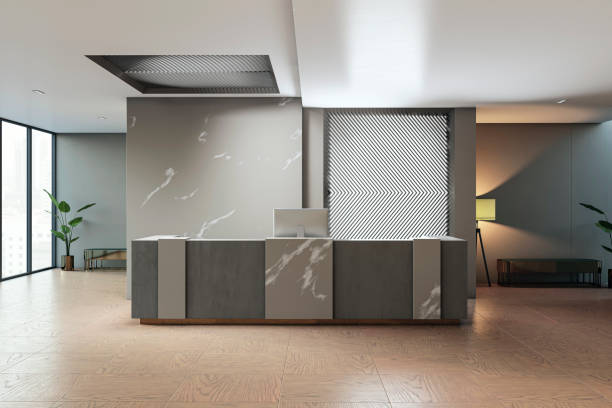 istock Modern reception area with marble counter, wood floor, and minimalist decor, on a light background, concept of interior design. 3D Rendering 2158117514