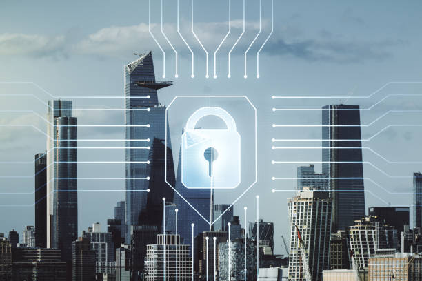istock Virtual creative lock symbol and microcircuit illustration on New York city skyline background. Protection and firewall concept. Multiexposure 2158117530