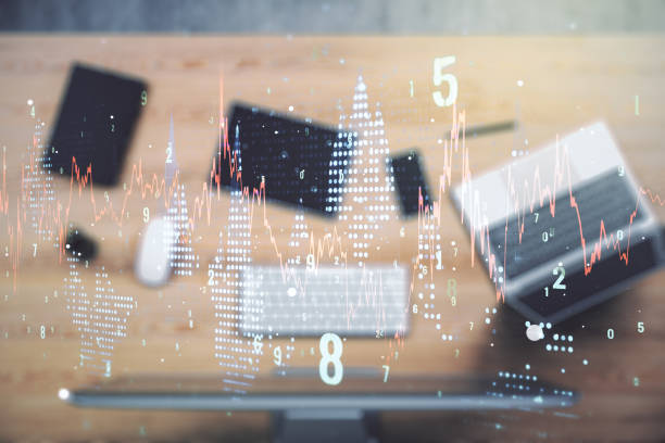 istock Abstract creative financial graph on modern laptop background, forex and investment concept. Multiexposure 2158117591