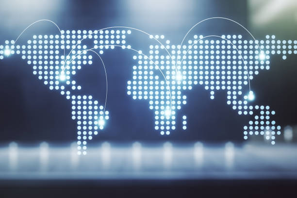 istock Abstract virtual world map with connections on blurry modern office building background, international trading concept. Multiexposure 2158117593