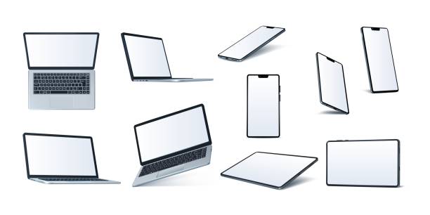 Laptop, tablet and smartphone mockup. 3d PC and mobile phone in perspective side, blank website on isometric empty screen, monitor isolated electronic elements. Vector gadget digital models Laptop, tablet and smartphone mockup. 3d PC and mobile phone in perspective side, blank website on isometric empty screen, desktop monitor isolated electronic elements. Vector gadget digital models laptop side icon stock illustrations