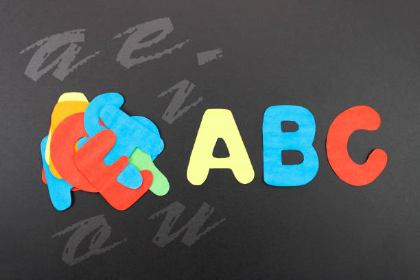 istock Colorful letters A B C surrounded by vowels on a black background that simulates a blackboard 2158117648