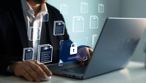 istock Employee documents confidentiality,cyber security protection concept. Protecting herself from cyber attacks. Software for security, searching and managing corporate document and employee information. 2158117934