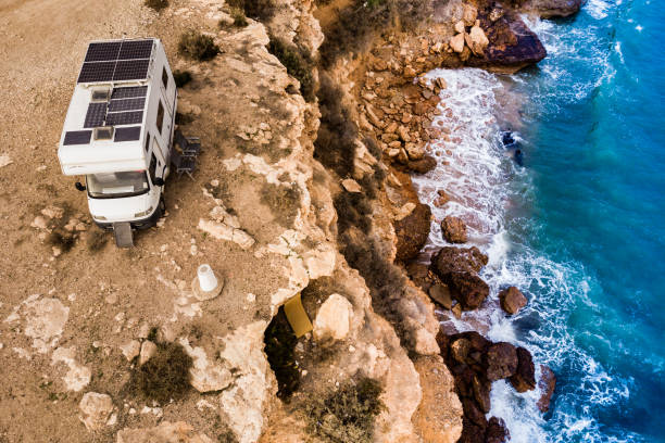 istock Camper on coast in Spain. Aerial view 2158119901