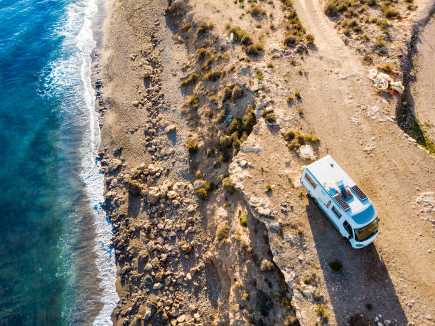 istock Rv caravan on spanish rocky coast. Aerial view 2158121336
