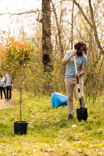 istock Young man volunteer using a shovel to dig holes in the ground 2158121400