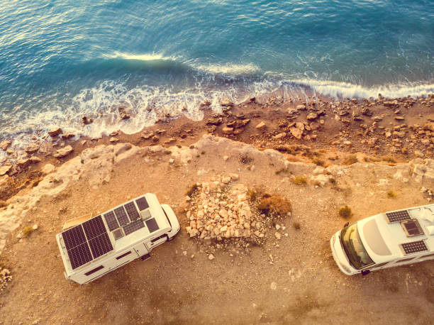 istock Rv caravans on spanish coast. Aerial view 2158121411