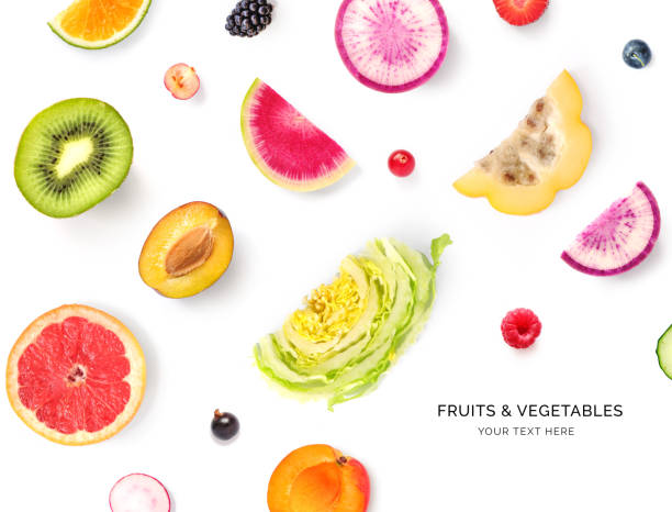 istock Creative layout made of kiwi, cabbage, radish, apricot, orange, plum, strawberry, raspberry on the white background. Flat lay. Food concept. 2158122008