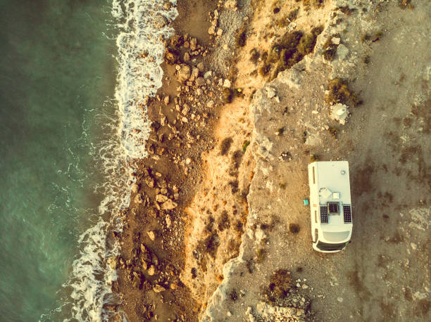 istock Rv caravan on spanish rocky coast. Aerial view 2158122053