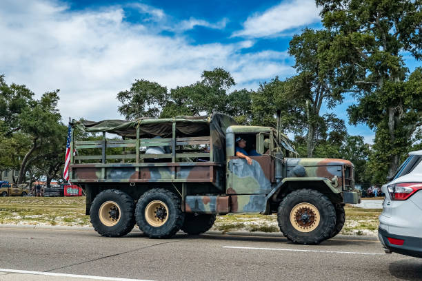 Novyy Urengoy, Russia - June 16, 2023: Old flatbed truck Ural-4320 in the city street.