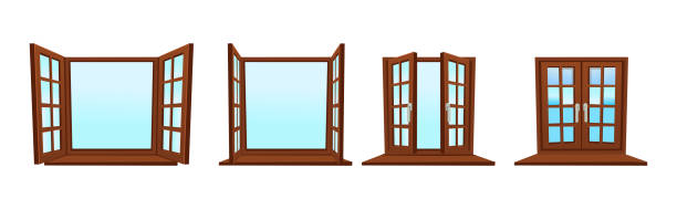 istock Set of wooden vector windows. Open and closed. For animation, cartoon. Vector illustration in flat cartoon line style. 2158123604