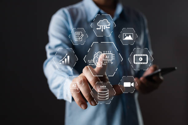 istock Man touch icon ai and use smartphone, Marketers education, research, analyze media video streaming content creation and online marketing strategies to grow their digital business. 2158124083