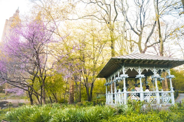 On a sunny spring day people spend time sitting inside the historic cast iron Ladies Pavillion structure build in Central Park during the 1800s in New York City.