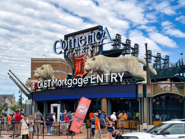 People Entrance Baseball Stadium Detroit, USA - June 14, 2024: People by decorative statues of Tigers in Comerica Park, the baseball stadium for the Detroit Tigers MBL team. comerica park photos stock pictures, royalty-free photos & images