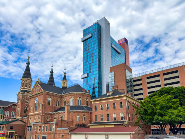 Detroit, USA - June 14, 2024: Exterior architecture of the Old St. Mary's Catholic Church in the heart of Greektown. Peter Dederichs designed the 1884 building.