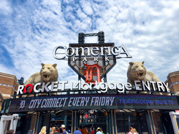 People Entrance Baseball Stadium Detroit, USA - June 14, 2024: People by decorative statues of Tigers in Comerica Park, the baseball stadium for the Detroit Tigers MBL team. comerica park photos stock pictures, royalty-free photos & images
