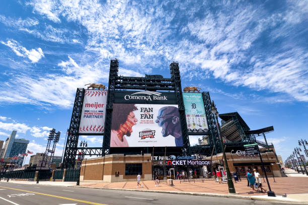 Stadium Billboard Advertisement Detroit, USA - June 14, 2024: A large advertisement billboard on the exterior of Comerica Park. The stadium is a famous landmark in the city comerica park photos stock pictures, royalty-free photos & images