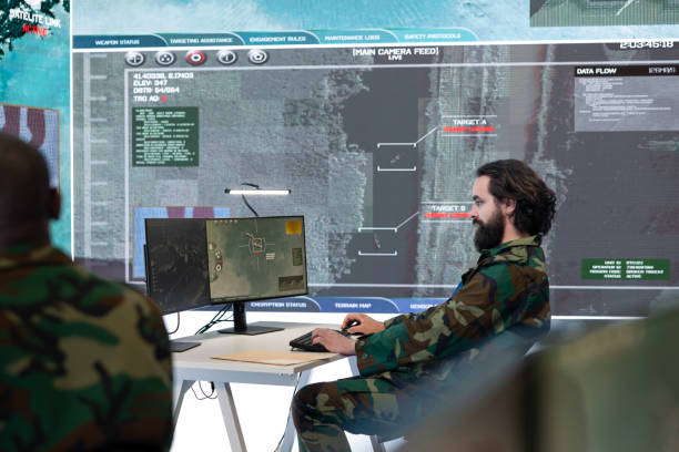 istock Military recruit collecting real time data from satellite radar system 2158128261