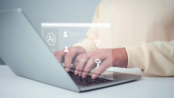 istock Man wearing a cream shirt chatting with a smart AI using an artificial intelligence chatbot developed by OpenAI, Chat bot concept, Artificial intelligence system support is the future, Chat with AI. 2158131879