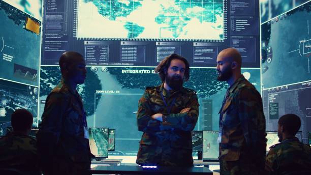 istock Army superior officers creating an attack plan using a hologram 2158132683
