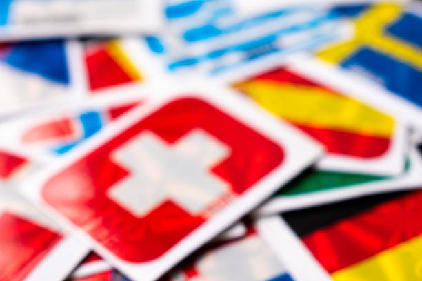 High angle view of different international europe country flag stickers on table
