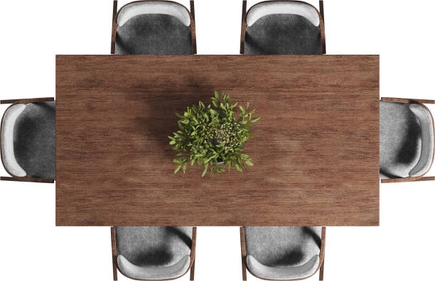 istock Top view of wooden dining table with chairs 2158136085