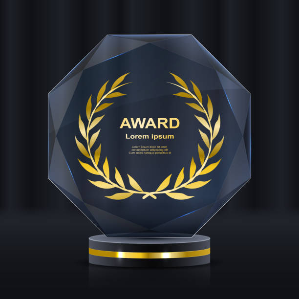 istock Glass award trophy set. Transparent prize template. Winner first place concept 2158136597