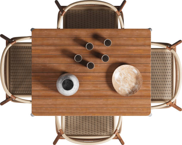 istock Top view of wooden dining table with chairs 2158136691