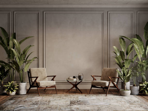istock Gray loft interior with armchairs, coffee table, tropical plants and decor. 3d render illustration mockup. 2158143210