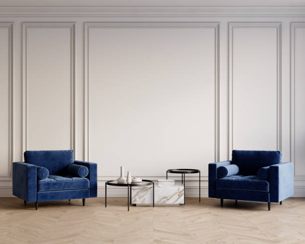 istock Classic white interior with armchairs, coffee tables, moldings and decor. 3d render illustration mockup. 2158143366
