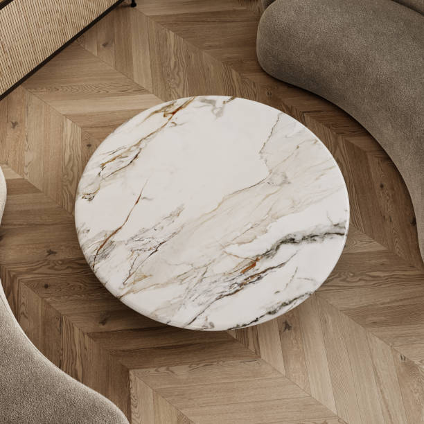 istock Marble round coffee table on wood chevron floor. Top view. 3d render illustration mockup. 2158143382