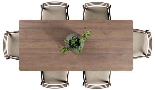 istock Top view of wooden dining table with chairs 2158143459
