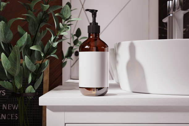 istock Amber bottle on the sink mockup. 3D rendering 2158147895