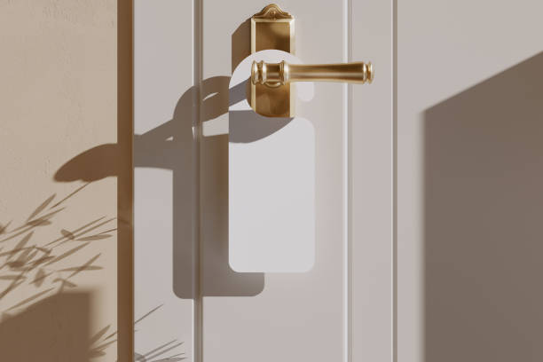 Hotel door hanger on a gold handle mockup. 3D rendering