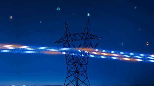 istock High voltage electric transmission tower with glowing current line, electrical power transmit through wire to city and house at night, Renewable green energy grid infrastructure concept 3d rendering 2158150802