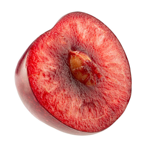 istock close up of sweet cherry half isolated on a white background. Clipping path 2158150914
