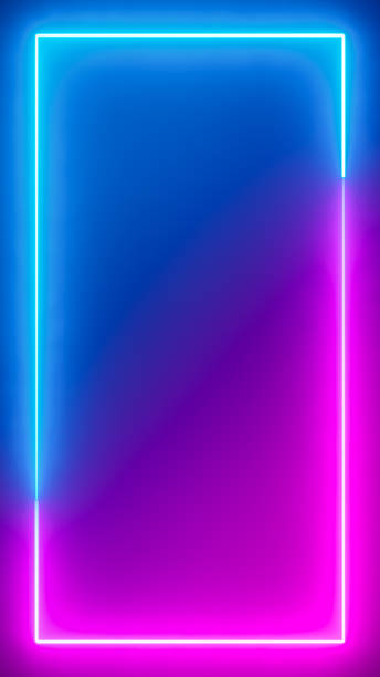 istock Abstract blue pink neon glowing line frame, animated moving led light screen box projection 3d rendering, empty blank space vertical presentation design background, futuristic laser sprectrum backdrop 2158150954