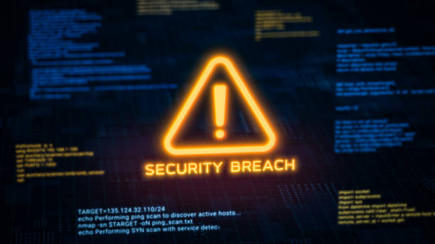 istock Business server show security breach alert warning sign, Hacker access private confidential database, Cyber attack data protection system exploit concept, hacking computer tech screen 3d rendering 2158150964