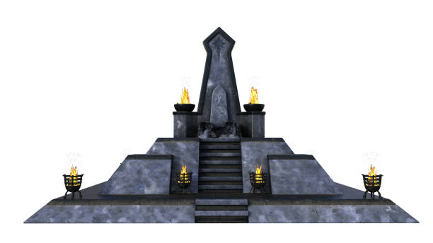Grey stone platform for a barbarian royal throne with fire burning braziers around it. Isolated 3D rendered illustration.