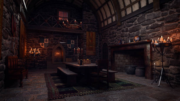 istock Dark moody dining room in an old medieval castle. 3D render. 2158152655