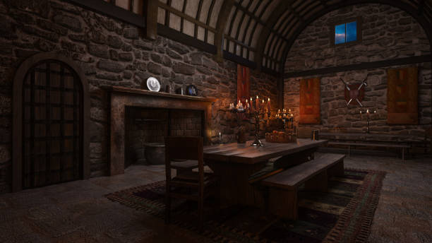 istock Medieval castle dining hall with table and seats by an open fireplace. 3D rendered illustration. 2158152660