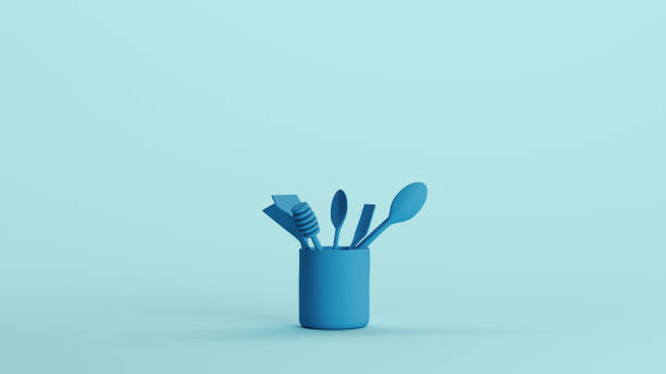 istock Blue kitchen utensils assorted handy set spoon spatula pale background 2158156045