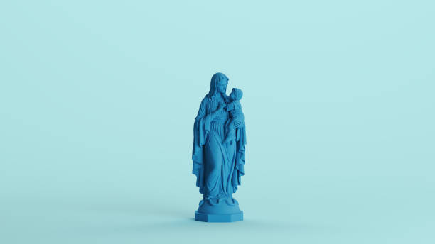 istock Blue Mary baby Jesus saint statue traditional catholic pale background front view 2158158316