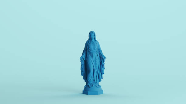 istock Blue virgin Mary saint statue traditional catholic sculpture pale background front view 2158158337